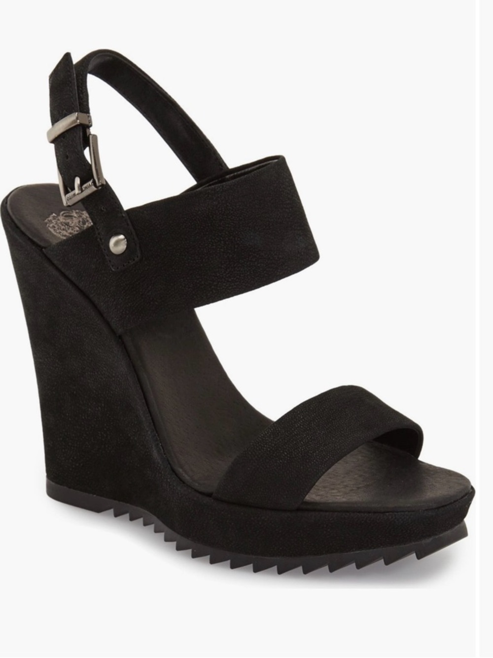 Vince Camuto Black Silk Goat Wedge Sandals with Ankle Strap